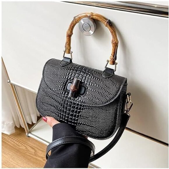Neiman Marcus Bamboo Handle Black Crocodile Print Top Handle Bag - Picture 2 of 5